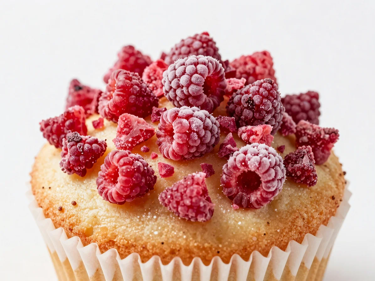 Close-up of a perfectly baked cupcake adorned with freeze-dried r