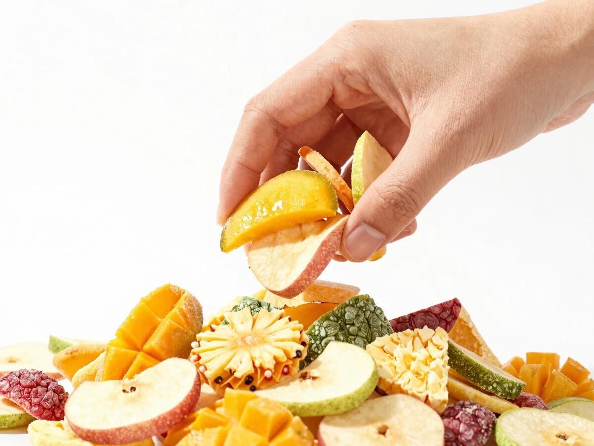 Hand reaching for a handful of mixed freeze-dried fruit pieces (m