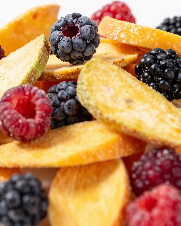 Vibrant macro shot of assorted freeze-dried berries and mango slices, showing crisp texture and natural colors, studio l