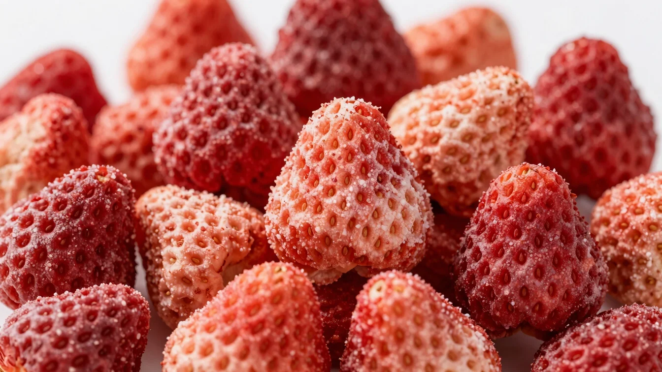Close-up of vibrant freeze-dried strawberries, showing porous texture and natural color.