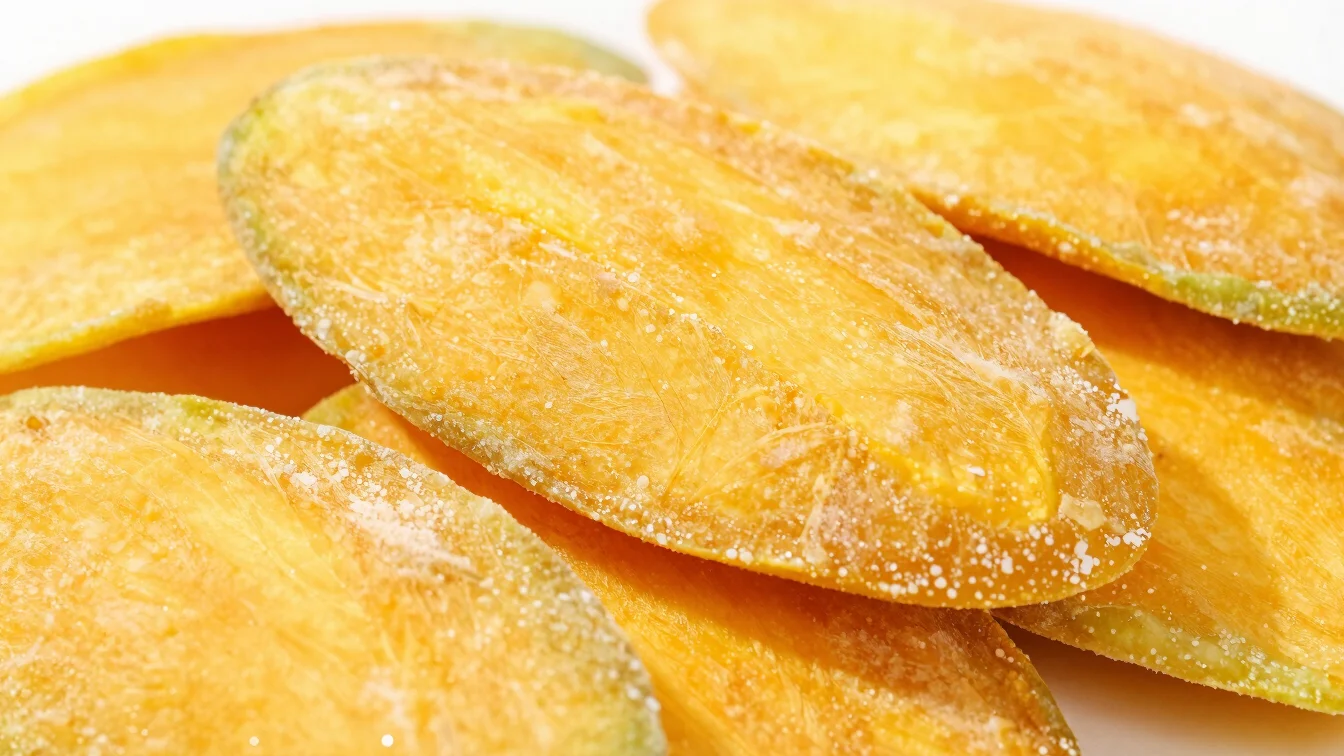 Macro shot of freeze-dried mango slices, bright yellow and crisp texture.
