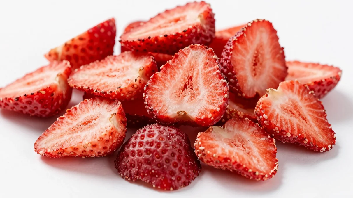 Close-up of vibrant red freeze-dried strawberry slices on a clean