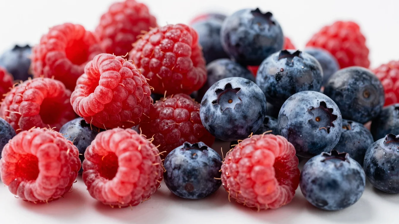 Macro shot of assorted freeze-dried berries (raspberries, blueber