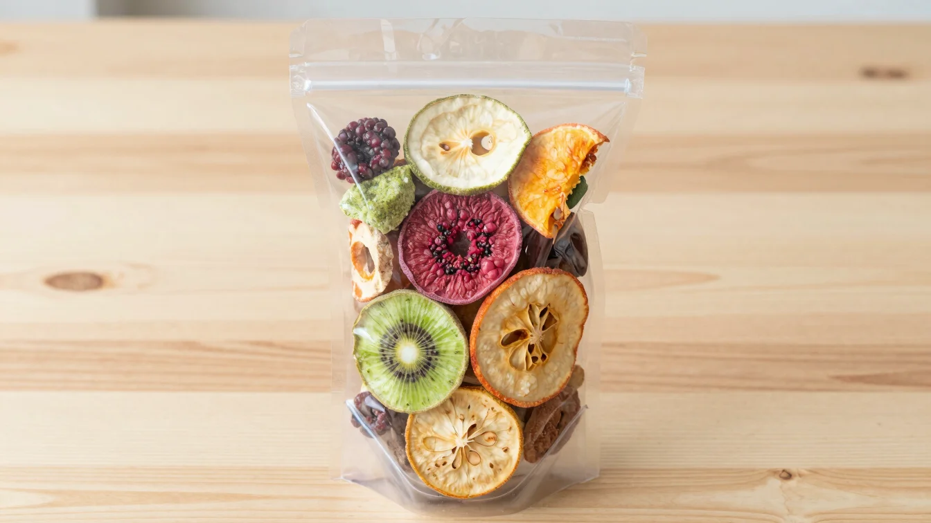 Overhead shot of a clear pouch of mixed freeze-dried fruit, showi