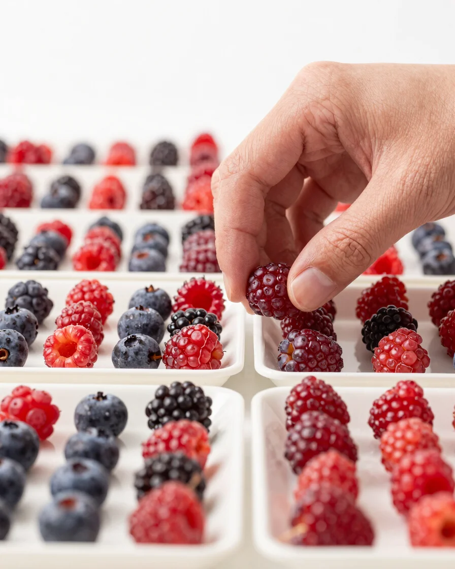 Hands gently placing fresh, vibrant berries onto trays for freeze-drying prep, bright high-key studio light, clean backd